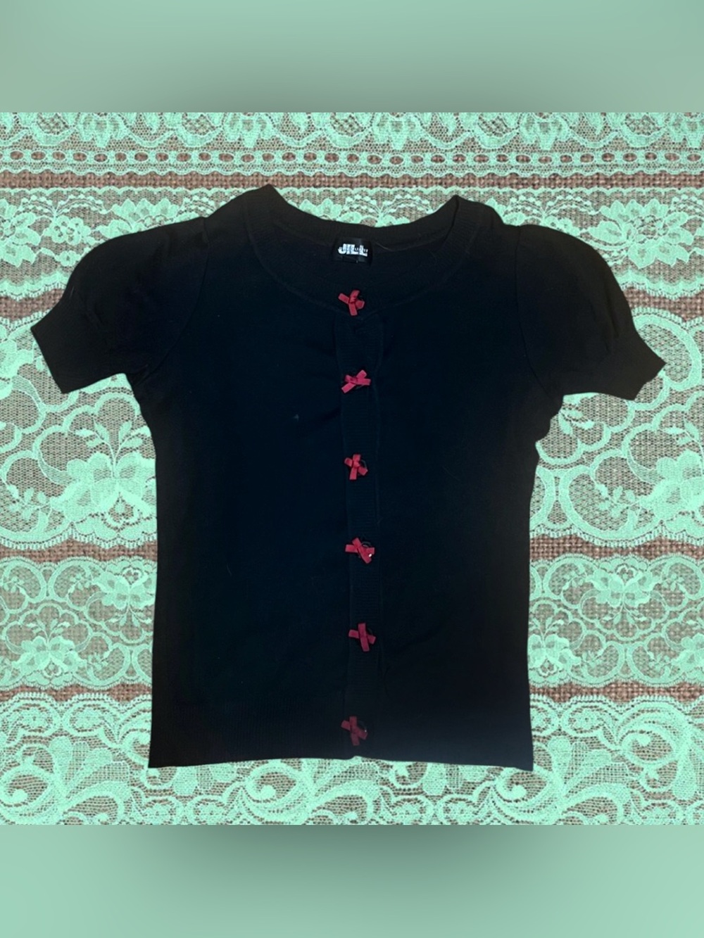 Jill Stuart Black Short-Sleeve Cardigan with Red Bow Details
